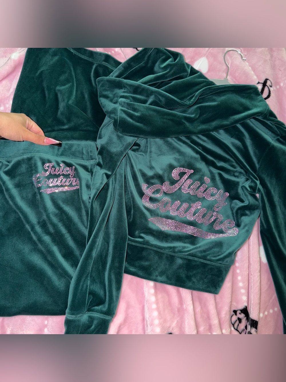Juicy Couture Green Velour Tracksuit with Pink Rhinestone Logo